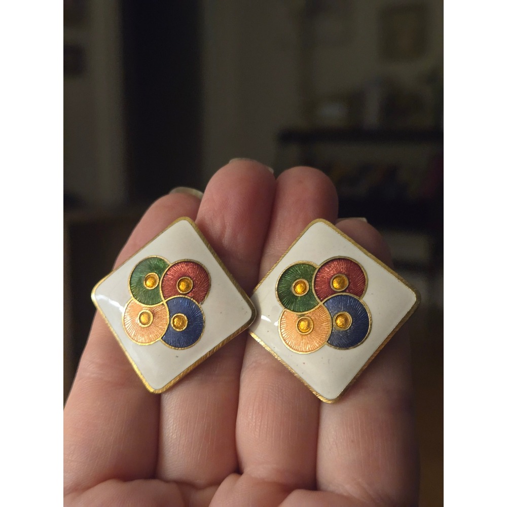 Siti Cloisonne White Enamel Multicolored Retro Square Earrings Vintage